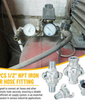 Half Inch NPT Iron Air Hose Fittings Set with Chicago Universal Coupling and safety locks next to air compressor.