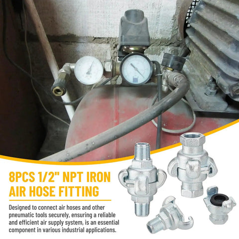 Half Inch NPT Iron Air Hose Fittings Set with Chicago Universal Coupling and safety locks next to air compressor.