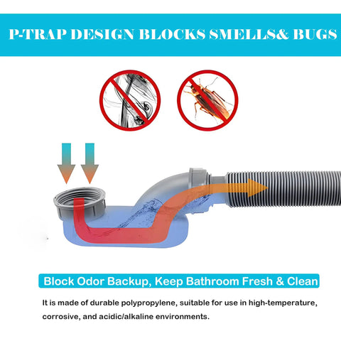 One Point Five Inch Low Profile Tub Drain Kit With Flexible P Trap And Easy Turn End Nuts for blocking odors and bugs.