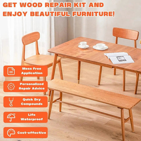 No Sweat Quick Fix Wood Repair Kit Including Six Tone Matching Resin Filler Sticks Compact Scraper And Detail Brushes For Laminate Floors Effortlessly Patches Scratches Holes And Scuffs In A Jiffy. Dining table and chairs in a bright room.