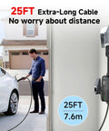 Person using Tesla Level 2 EV Charger 32Amp 240V 7.68kW NACS Compatible with 25ft cable, connected to white EV