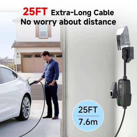 Person using Tesla Level 2 EV Charger 32Amp 240V 7.68kW NACS Compatible with 25ft cable, connected to white EV