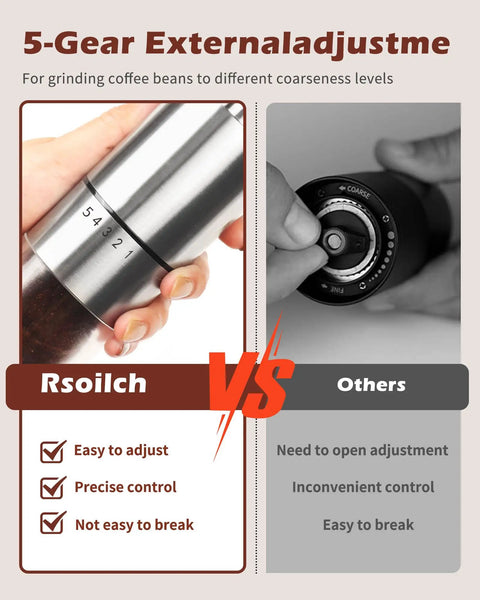 Side-by-side comparison of hand-crank coffee grinder with five adjustable settings and ceramic burrs for durability.