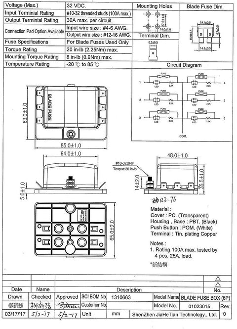 6 Way DC 12 To 32V Blade Fuse Box Holder With LED Warning Light And Protective Cover diagram with specifications