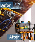 Before and after using Heavy Duty 3 Layer Power Tool Organizer Wall Mount Rack For Cordless Drills And Tools 2 Pack