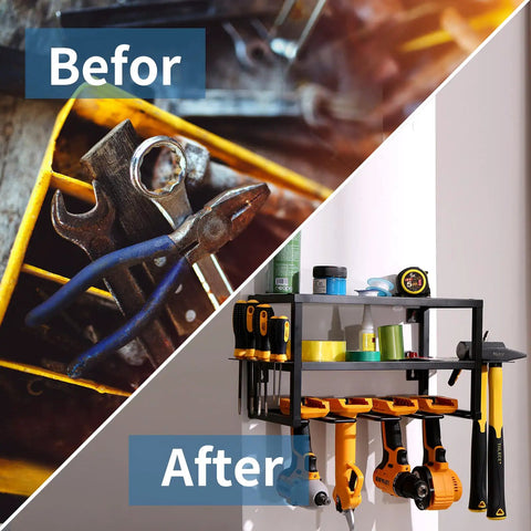Before and after using Heavy Duty 3 Layer Power Tool Organizer Wall Mount Rack For Cordless Drills And Tools 2 Pack