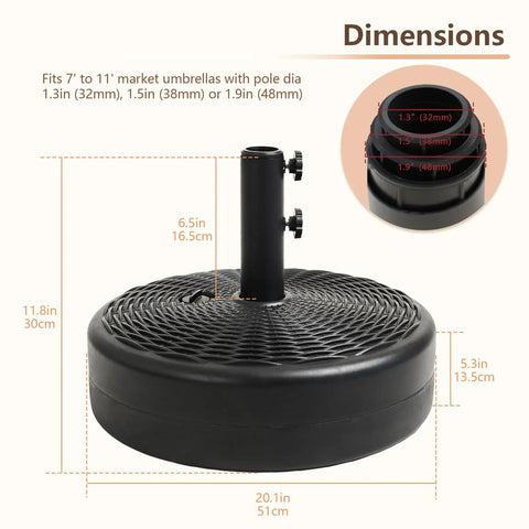 Beefy 70 Lb Weight Heavy Duty Water Fillable Umbrella Base Stand For Patio And Market Tables with pole dimensions guide