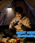 Go To Outdoor Solar LED Camp Lantern With 350 Lumens illuminating a camper inside a tent at night with snacks and camera.