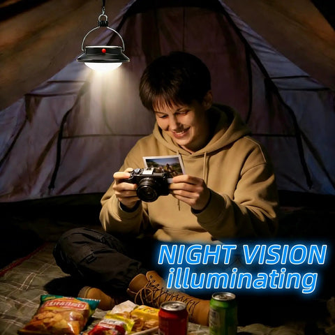 Go To Outdoor Solar LED Camp Lantern With 350 Lumens illuminating a camper inside a tent at night with snacks and camera.