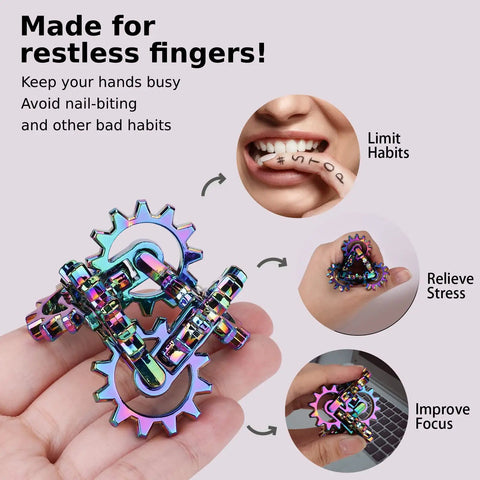 Quiet Metal Infinity Gear Fidget Toy For Focus And Stress Relief, Smooth Gear Movement, Hand holding rainbow metal fidget