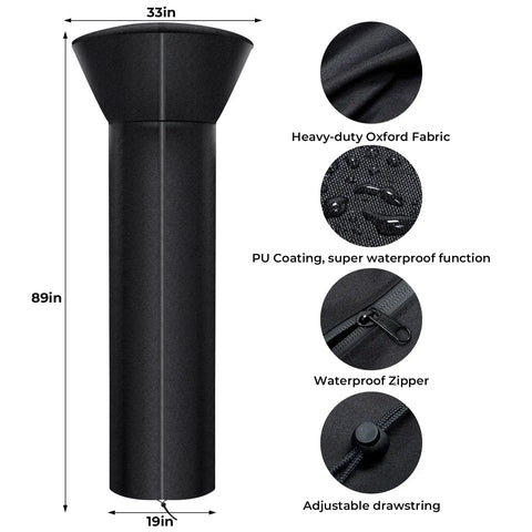 Heavy Duty Round Patio Heater Cover Weatherproof Oxford Fabric UV Resistant Waterproof Dust Proof Snow Proof Wind Proof With Zipper And Storage Bag Fits Most 89H X 33D Dome Round Stand Up Gas Heaters, shown with fabric and zipper details.