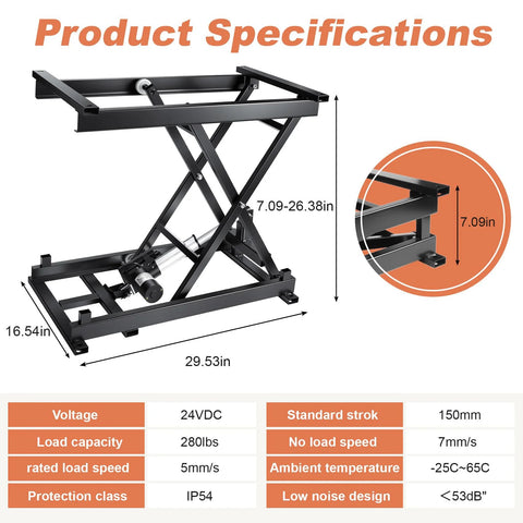 Electric Scissor Lift Table 280 Lbs Capacity Adjustable Height 7.1 To 26.4 In specifications diagram