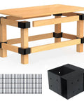 Built Tough Steel Three Way Workbench Bracket Kit With Eight Brackets And 128 Screws For 4x4 And 2x4 Lumber shown with wooden bench