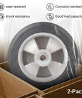Solid Run Flat Replacement Tire 8 Inch By 2 Inch With Five Eighth Inch Axle And 2 Inch Offset Hub for hand trucks, in packaging.