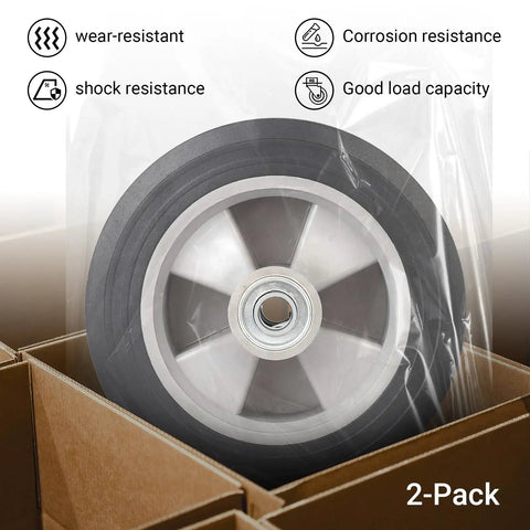 Solid Run Flat Replacement Tire 8 Inch By 2 Inch With Five Eighth Inch Axle And 2 Inch Offset Hub for hand trucks, in packaging.