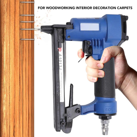 Kickass Heavy Duty Pneumatic Brad Nailer Kit 20 Gauge Quarter Through Half Inch with stainless steel quick connect in use.