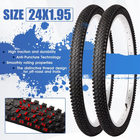 Two Pack 24x1.95 Mountain Bike Tires Set Folding Puncture Proof with anti-puncture technology and unique tread design
