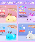 Demonstration of Kawaii Squishy Bunny Night Light for Kids showing color change and dimmable features with hand interactions.