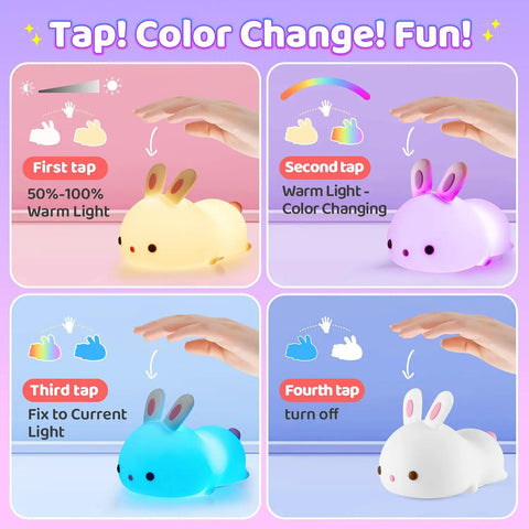 Demonstration of Kawaii Squishy Bunny Night Light for Kids showing color change and dimmable features with hand interactions.