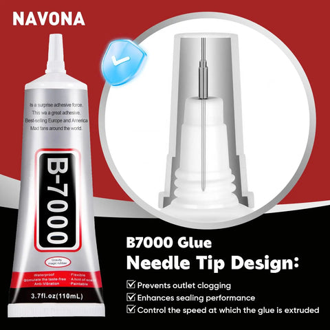Clear 110ml Precision Tip Glue 4 Pack For Rhinestones Nails Jewelry Shoes And Crafts DIY Fast Drying Strong Hold Dries Clear Ideal Bedazzling Glue For Nail Art And Jewelry Making - B7000 glue with needle tip design emphasizing outlet clogging prevention.