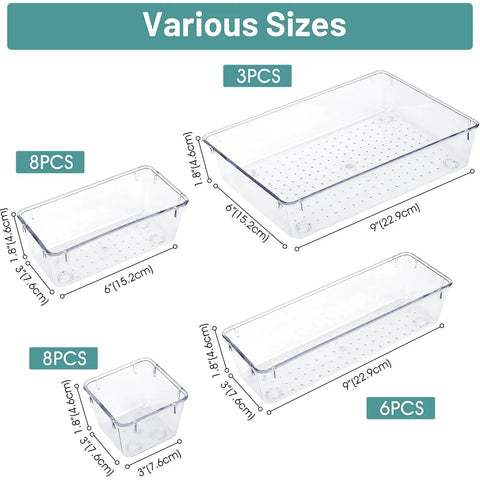 Sweet Clear Drawer Organizers, slick non toxic plastic bins in various sizes for makeup and desk supply storage.