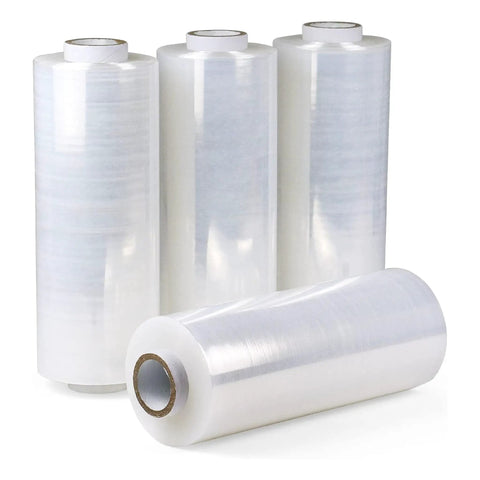 Heavy Duty Clear Cast Stretch Wrap 80 Gauge 19.7 X 6000 Ft Roll industrial film stacked for packing and shipping.