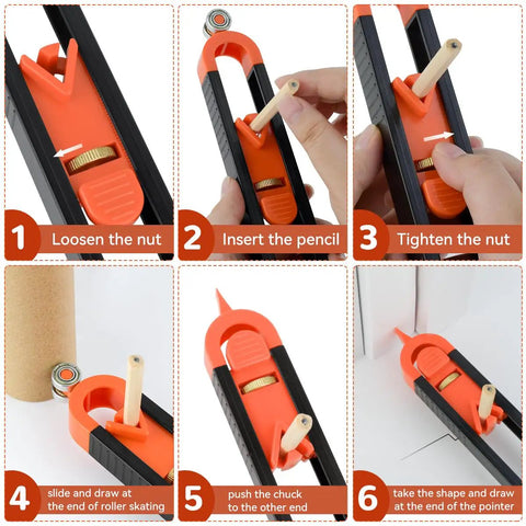Heavy Duty Contour Scribe Tool With Two Included Pencils And Secure Clamp Lock for step-by-step tracing instructions.