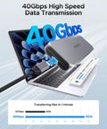 No Sweat 40Gbps M2 NVMe SSD Enclosure Rock Solid Aluminum Housing With Auto Thermostat Cooling Fan Supports Up To 8TB Thunderbolt 4 USB4 External Drive Box connected to laptop.