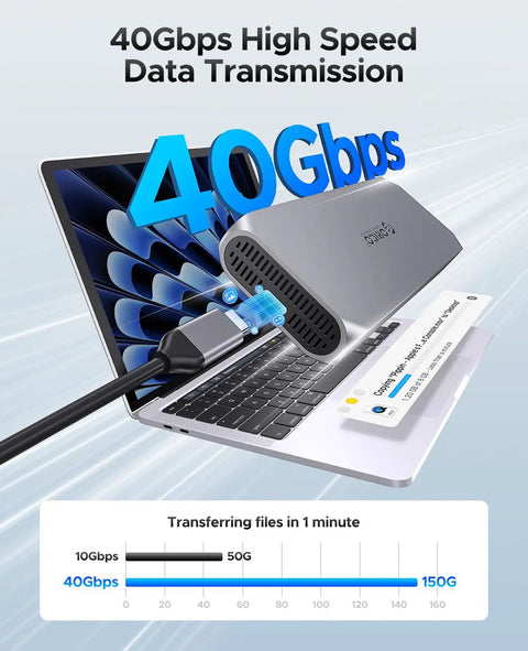 No Sweat 40Gbps M2 NVMe SSD Enclosure Rock Solid Aluminum Housing With Auto Thermostat Cooling Fan Supports Up To 8TB Thunderbolt 4 USB4 External Drive Box connected to laptop.