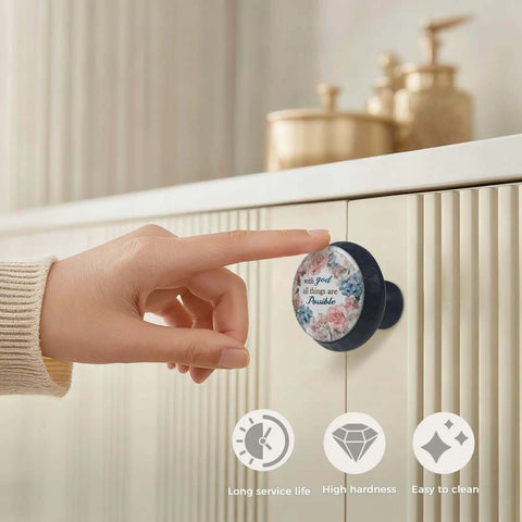 Hand touching Four Pack Round Acrylic Cabinet Knobs With God All Things Are Possible Sign Inspirational Drawer Pulls on cabinet