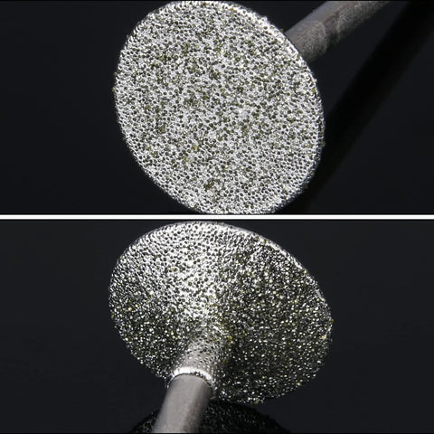 Front view: Stone carving diamond burr bit disc with 1/8 in shank for grinding and engraving.
Side view: 1/8 in shank diamond burr bit with textured circular diamond head.