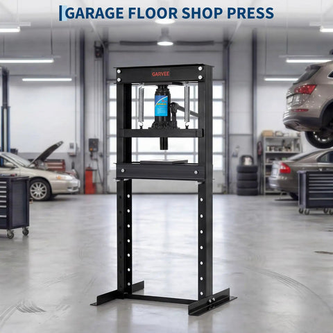 20 Ton H Frame Hydraulic Shop Press Built Tough For Heavy Duty DIY And Industrial Use With Stable Power Output Pro Grade Steel Frame Ideal For Bearings Bushings Ball Joints Press Fittings And More, front view in garage