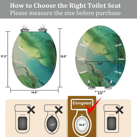 Elongated Toilet Seat Resin Bathroom dimensions shown, measures 14.5" x 18.5", instructional graphic for sizing.