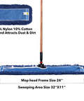 24 Inch Heavy Duty Cotton Dust Mop Refill Washable Replacement Heads For Large Spaces And Warehouses Fits Standard Frames On Hardwood Marble And Concrete 3 Pack Hella Solid No Sweat Cleaning Performance showing mop head with blue fabric and measurements.