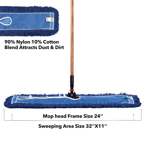 24 Inch Heavy Duty Cotton Dust Mop Refill Washable Replacement Heads For Large Spaces And Warehouses Fits Standard Frames On Hardwood Marble And Concrete 3 Pack Hella Solid No Sweat Cleaning Performance showing mop head with blue fabric and measurements.