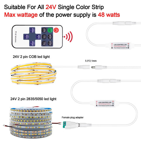 Easy Plug-And-Play 24V LED Power Supply With Dimmer Switch, 48W 24V DC Driver connecting to single color LED strip lights
