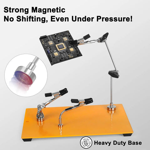 Pro Grade Six Arm Magnetic Helping Hands Soldering Station with heavy duty base and adjustable arms holding a PCB
