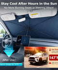Upgraded Windshield Sun Shade Umbrella For Car With Reinforced Frame And UV Block Heat Shield in use inside vehicle
