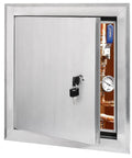Front-angled view of Premier 24x24 aluminum insulated access panel door with keyed latch; wall-mounted.