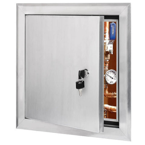 Built Tough Aluminum Insulated Access Panel 36 By 36 Inch with open door, showing plumbing inside, keyed latch visible.