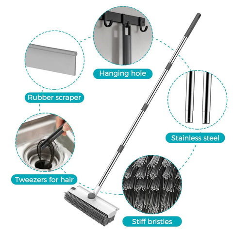 3 In 1 Floor Scrub Brush With 54 Inch Adjustable Long Handle Scraper And Squeegee, V Brush For Grout, Heavy Duty Stiff Bristles