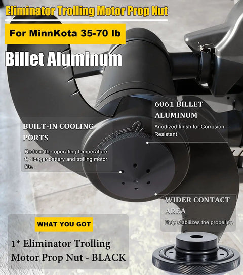 Top view of billet aluminum prop nut for MinnKota 35-70 lb trolling motors with cooling ports and wider contact area.