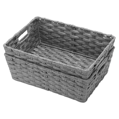 Large Woven Storage Baskets With Metal Frame Set Of 2 Waterproof And Washable 15 By 10.3 By 5.2 Inches Grey Durable Organizer For Pantry Bathroom Bedroom And Patio