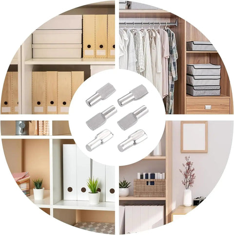 Set Of 120 Spoon Shape Shelf Pins In 5mm Diameter Stainless Steel For DIY Projects Anti Rust Cabinet Hardware, shown in cabinet use
