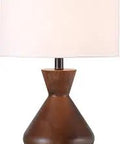 Modern table lamp with white shade and geometric wood base, perfect for contemporary decor in living rooms or bedrooms