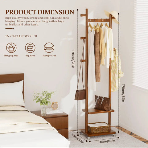 Freestanding Walnut Wood Coat Rack With Wheels, 5 Heavy Duty Hooks, 2 Shelves And Stable Base in corner bedroom