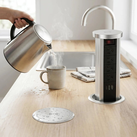 Pop Up Countertop Power Outlet With USB C And Four AC Sockets Slick Recessed Receptacle Pull Up Socket 10W Wireless Charger Easy Install For Kitchen Office Or Conference Room displayed on a kitchen counter next to a kettle pouring hot water.