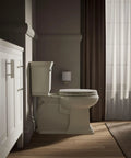 Molded Wood Elongated Toilet Seat In Almond With Color Matched Plastic Hinges Stonewood Style in bathroom setting