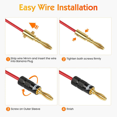 Banana Plugs With Dual Set Screws, Black And Red Aluminum Shell, Gold Plated 4mm Brass Contacts, Secure Connection For Clean, Distortion-Free Audio, High Fidelity Sound, Natural Sonic Accuracy, Six Pairs, wiring steps