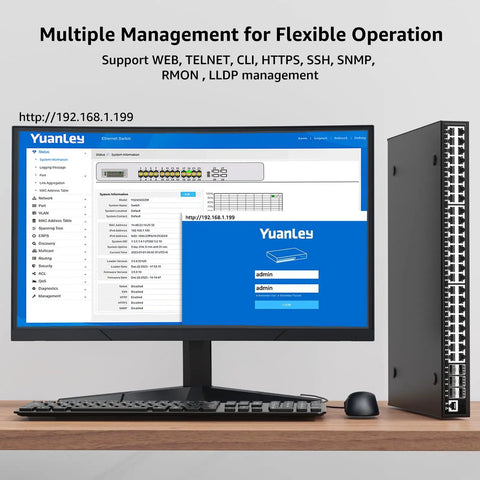 48 Port Gigabit Managed Switch With 6x 10Gbps SFP Plus Uplinks displayed next to a computer monitor showing management interface